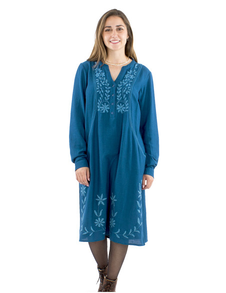 91% viscose 9% linen plain dress with 4 buttons and embroideries