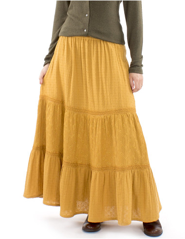 Jupe longue coton gaze brodée doublée à volants