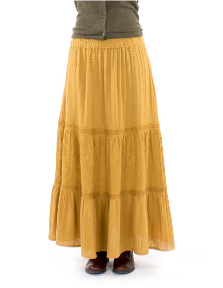 Jupe longue coton gaze brodée doublée à volants