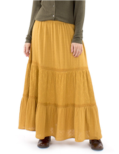 Jupe longue coton gaze brodée doublée à volants