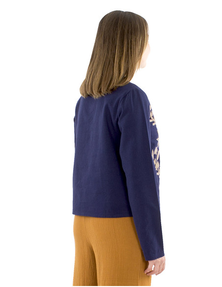 Veste coton unie brodée main grosses fleurs