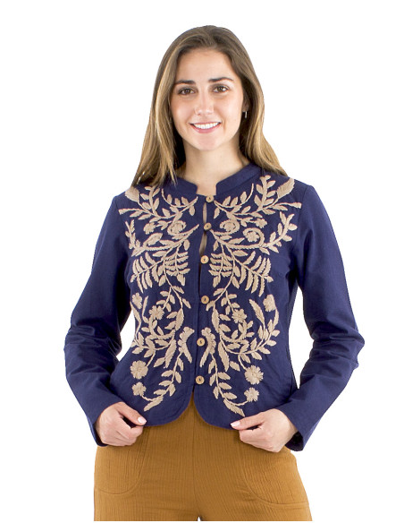 Veste coton unie brodée main grosses fleurs