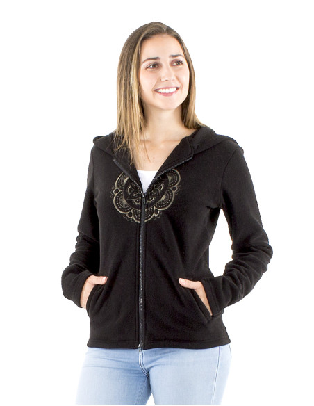 Veste maille polyester polaire capuche brodée Mandala