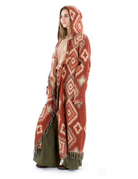 Long acrylic coat with hood and fringes geometric Jacquart