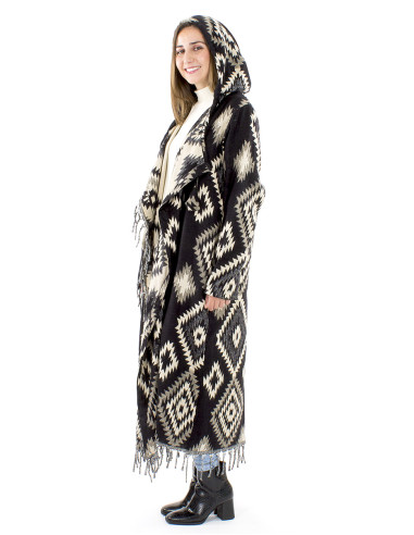 Long acrylic coat with hood and fringes geometric Jacquart
