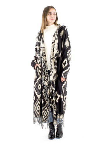 Long acrylic coat with hood and fringes geometric Jacquart