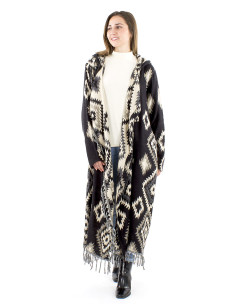Long acrylic coat with hood and fringes geometric Jacquart 2
