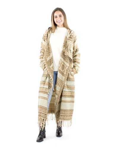 Manteau long acrylique capuche franges Jacquart lignes