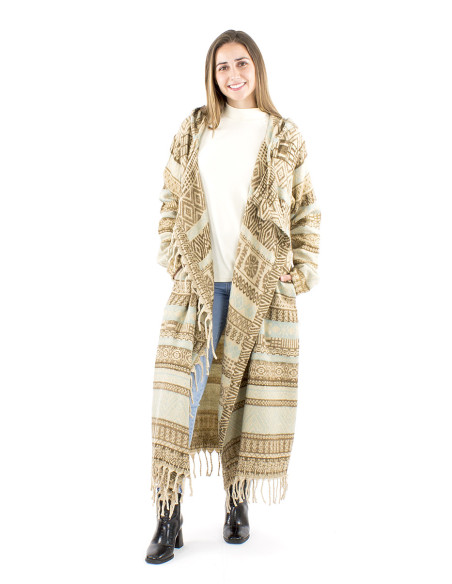 Manteau long acrylique capuche franges Jacquart lignes