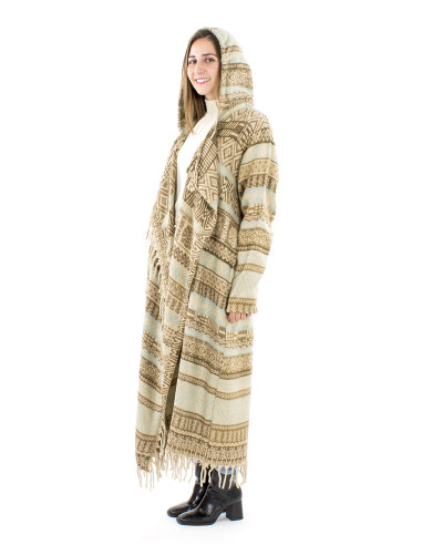 Manteau long acrylique capuche franges Jacquart lignes