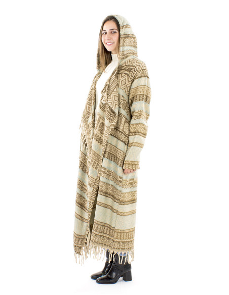 Manteau long acrylique capuche franges Jacquart lignes