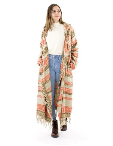 Manteau long acrylique capuche franges Jacquart lignes