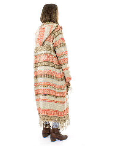 Manteau long acrylique capuche franges Jacquart lignes