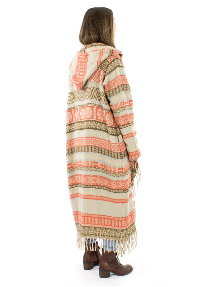 Manteau long acrylique capuche franges Jacquart lignes