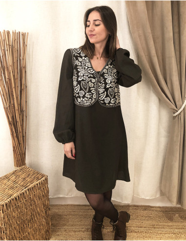 Robe 91% viscose 9% lin uni et bolero buste imprimé Antique