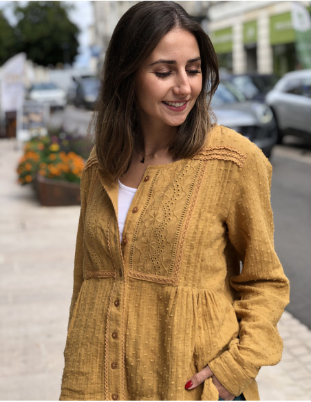 Chemisier coton uni gaze brodé