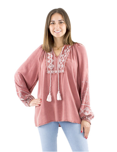 Chemisier viscose SW avec broderies et pompons