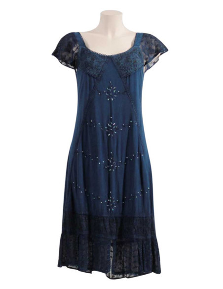 Embroidered viscose dress with short sleeves and coloured collar SW