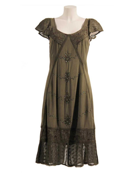 Embroidered viscose dress with short sleeves and coloured collar SW