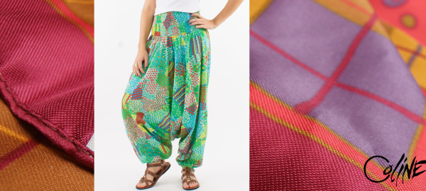 What are the different types of fabrics used by Coline for her harem pants and pareos?