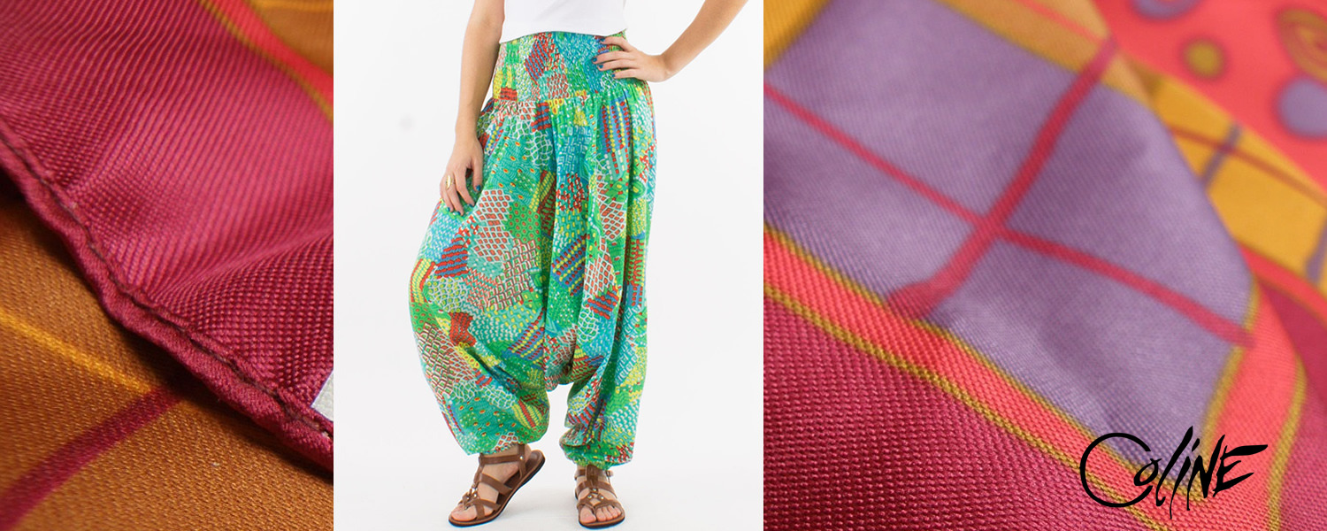 What are the different types of fabrics used by Coline for her harem pants and pareos?